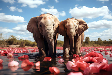 two African elephants walk through the savannah on the water. mammals and wildlife