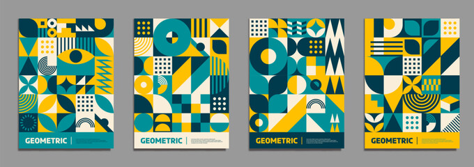 Wall Mural - Yellow, dark and turquoise modern abstract geometric pattern posters. Advertising leaflet with abstract shapes, modern flyer vector layout with geometric pattern. Business presentation poster template