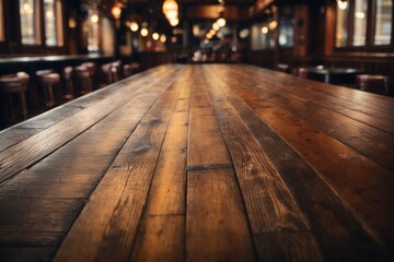 Empty wooden table rustic pub interior in vintage restaurant bar