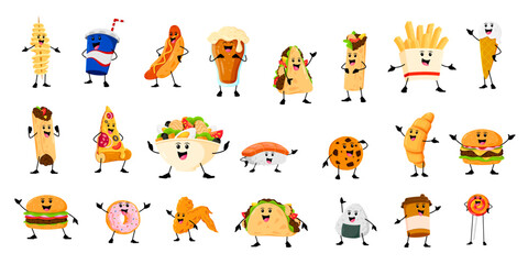  Cartoon cheerful funny takeaway fast food characters. Vector tornado potato, cola, hotdog and beer. Quesadilla, burrito, french fries and ice cream. Pizza, salad, nigiri, cookie with burger, croissant