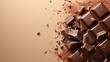 Top view of pieces of chocolate bar with chocolate chips and chocolate cake on light brown background with copy space