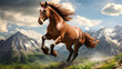 thoroughbred muscular horse gallops against the backdrop of the mountains. mammal. biology and fauna