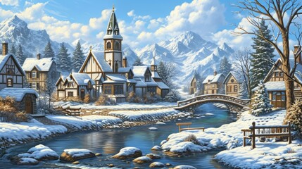 Poster - Snowy landscape with small town and church