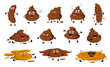 Poo happy, angry, sleeping and foolish cartoon emoji. Excrement cartoon personages, foolish toilet shit isolated vector emoticon or poop cute characters. Sad, angry and happy poo funny emoji set