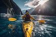 tourist floats on a yellow kayak along the river on the fjords. water sports and boat travel