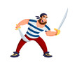 Cartoon pirate and corsair sailor character. Isolated vector personage with cunning grin and beard, wearing striped vest, brandishing gleaming swords, ready for high-seas adventure and daring exploits