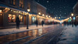 Beautiful blurred street of festive night or evening city with snowfall and Christmas lights. Abstract christmas defocused background