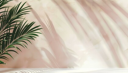 Wall Mural - palm leave's blurred shadow on light pastel wall. Minimalistic beautiful summer spring background