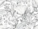 Fototapeta Kwiaty - Seamless tropical pattern with exotic monochrome leaves and plants. Tropical wallpaper drawn in pencil