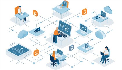 Poster - Unified Endpoint Management, unified endpoint management with an image depicting IT administrators remotely managing and securing endpoints such as laptops, AI