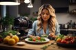 beautiful female food vlogger is recording new video and explaining how to cook a dish in the kitchen
