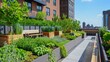 The rooftop of a multistory parking garage is transformed into a green haven with rows of potted plants a community herb garden and a peaceful sitting area providing a muchneeded