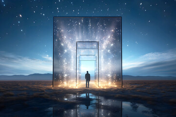 Wall Mural - silhouette of a man in a doorway in nature. the concept of going through a portal to another world. fantasy of transformation of another dimension of the universe