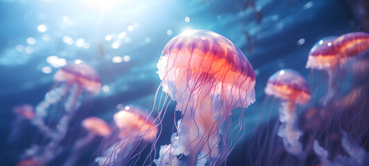 a jellyfish swimming in the clear sea beautiful coral reefs in under the sun, ai generative