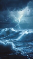 Canvas Print - Dramatic Thunderstorm over Powerful Oceanic Waves with Cinematic Lightning Illumination in 3D Rendering