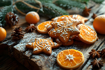 Wall Mural - assorted decorative Christmas cookies and oranges. dessert and holiday baking. creative handmade