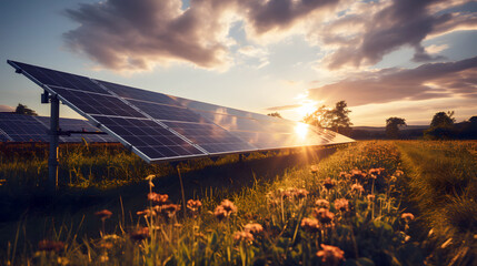 solar energy panels in a field at sunset. renewable energy concept. ecology. energy industry