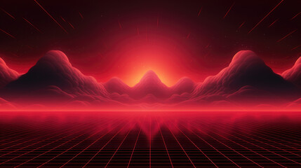 Sticker - Red grid floor line on glow neon night red background with glow red sun, Synthwave cyberspace background, concert poster, rollerwave, technological design, shaped canvas, smokey cloud wave background.