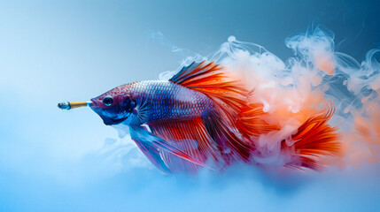 Wall Mural - A fish is swimming in a cloud of smoke. The smoke is coming from a cigarette. The fish is orange and blue