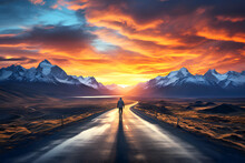 Man Walks Along A Road Outside The City Against The Backdrop Of A Mountain Landscape At Sunset