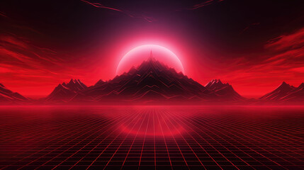 Wall Mural - Red grid floor line on glow neon night red background with glow red sun, Synthwave cyberspace background, concert poster, rollerwave, technological design, shaped canvas, smokey cloud wave background.