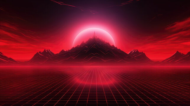 Red grid floor line on glow neon night red background with glow red sun, Synthwave cyberspace background, concert poster, rollerwave, technological design, shaped canvas, smokey cloud wave background.