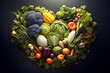 Heart shape made of fresh vegetables on dark background. Healthy food concept. top view