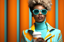 Glamorous African Woman In Sunglasses With A Plastic Glass Of Coffee In Her Hand In Colored Clothes On A Colored Background