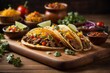 Mexican tacos with beef, vegetables and salsa on wooden board in restaurant kitchen