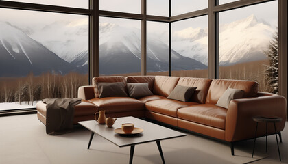 Wall Mural - Modern living room interior with large windows and mountain views 3D rendering