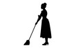 Cleaning lady black Clipart, Sweeper girl Black and White Vector, Woman Cleaner Silhouette isolated on a white background