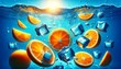 Vibrant orange slices submerged in a clear blue pool with floating ice cubes and bubbles, giving a refreshing and cooling impression.