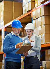 Poster - Teamwork, logistics and warehouse, tablet and clipboard with checklist for inventory management. People at storage facility, digital and distribution paperwork for quality control and assessment