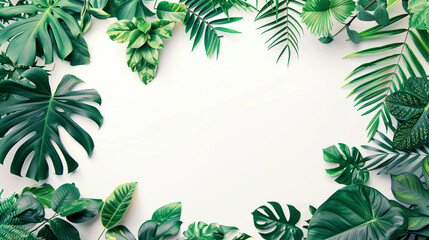 mix of green exotic tropical leaves with copy space on white background