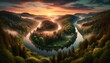 A panoramic view of a misty river curving through a dense forest during sunrise.