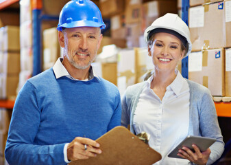 Poster - Team, logistics and warehouse with tablet and clipboard for inventory management, checklist and portrait. People at storage facility, digital and distribution paperwork for quality control and smile