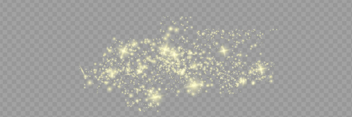 Sticker - Yellow dust. Beautiful light flashes. Dust particles fly in space. Bokeh effect. Horizontal light rays.