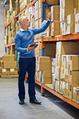 Poster - Boxes, tablet or man in factory for stock or logistics info for a delivery order by shelf in warehouse. Check, inventory or mature manager with product, package or cargo shipping for distribution