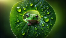 A Small Frog Peering Through A Large Hole In A Bright Green Leaf, With Droplets Of Water Around.