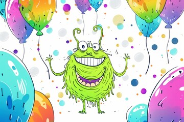 Cartoon cute doodles of a green monster with long tentacles and a big smile, surrounded by floating balloons in every color of the rainbow, Generative AI