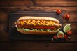 hot dog with mustard and ketchup on wooden table, unhealthy fast food, top view