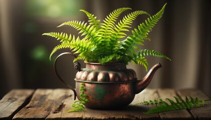 A small fern growing inside a rustic teapot, with leaves spilling out from the spout and the top, creating a lush green cascade.