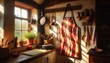 A charming and rustic kitchen scene, with sunlight streaming in through a window, illuminating the warm, inviting space.