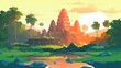 cartoon landscape, ancient temple, tranquil pond under golden sunset
