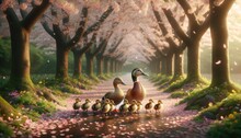A Touching And Detailed Scene Depicting A Pair Of Ducks Leading A Line Of Ducklings Across A Path Sprinkled With Fallen Petals.