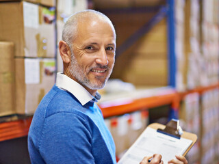 Poster - Senior, man and portrait in warehouse with clipboard for inventory, quality control and freight distribution. Manager, wholesale supplier and stock checklist in logistics industry for box inspection
