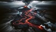 Aerial view of a dramatic landscape with a river of molten lava flowing from a volcano through a barren land.
