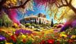 A vibrant springtime view of the Acropolis, with wildflowers in bloom and the ancient structures framed by the colorful flora.