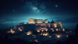 A serene nighttime scene of the Acropolis under a starry sky, with the monuments lit up, creating a peaceful and majestic atmosphere.