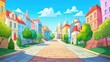 Colorful cartoon town with vibrant buildings and lush greenery under a clear sky
